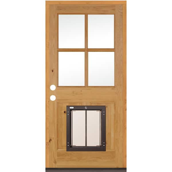 Krosswood Doors 36 in. x 80 in. Right-Hand 4-Lite Clear Glass Clear Stained Wood Prehung Door with Large Dog Door