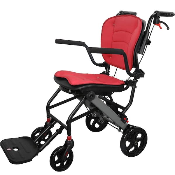 Transport Wheelchair Lightweight Foldable with Removable Cushion, Ergonomic Wheelchair with Telescopic Handle, Red