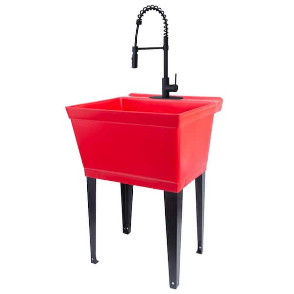 TEHILA 22.875 in. x 23.5 in. Thermoplastic Freestanding Standard Red Utility Sink Set with Black Coil Pull-Down Faucet
