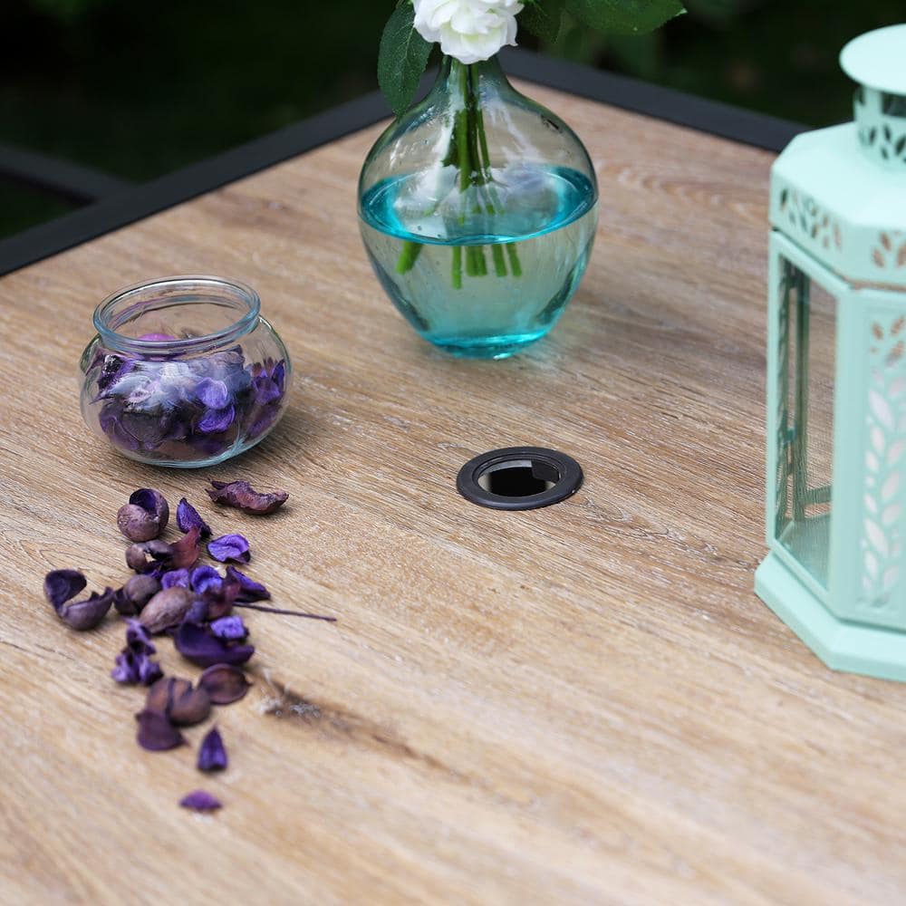 Close-up of the wood-look tabletop texture.