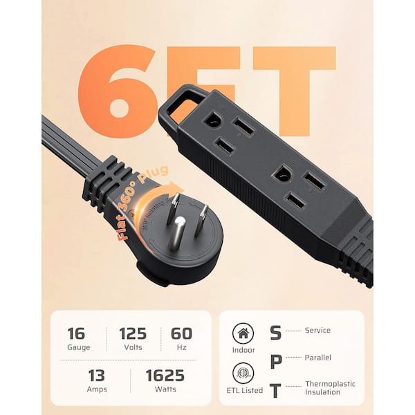 6ft. SPT-3, 16 Awg /3Conductors Flat Power Cable, Indoor/Outdoor Extension Cord with 3Prong Ultra Thin Power Strip,Black