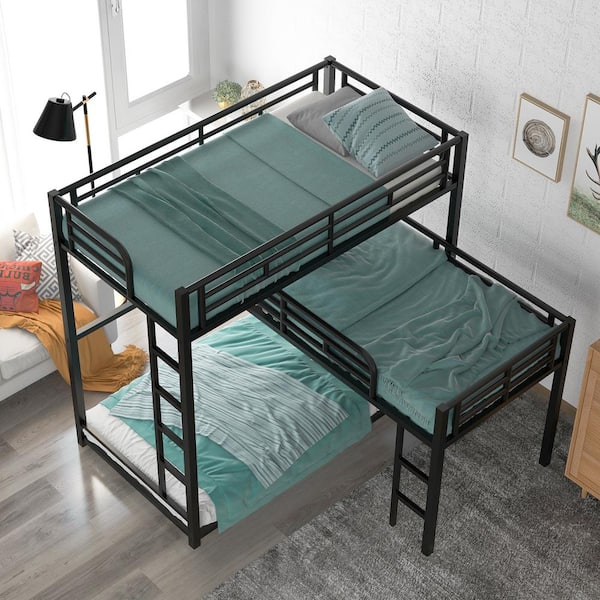 Black L-Shaped Metal Twin Size Triple Bunk Bed
