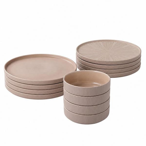 12-Piece Warm Brown Stoneware Dinnerware Set (Service for 4), Chip Resistant, Non-Toxic, Dishwasher and Microwave Safe
