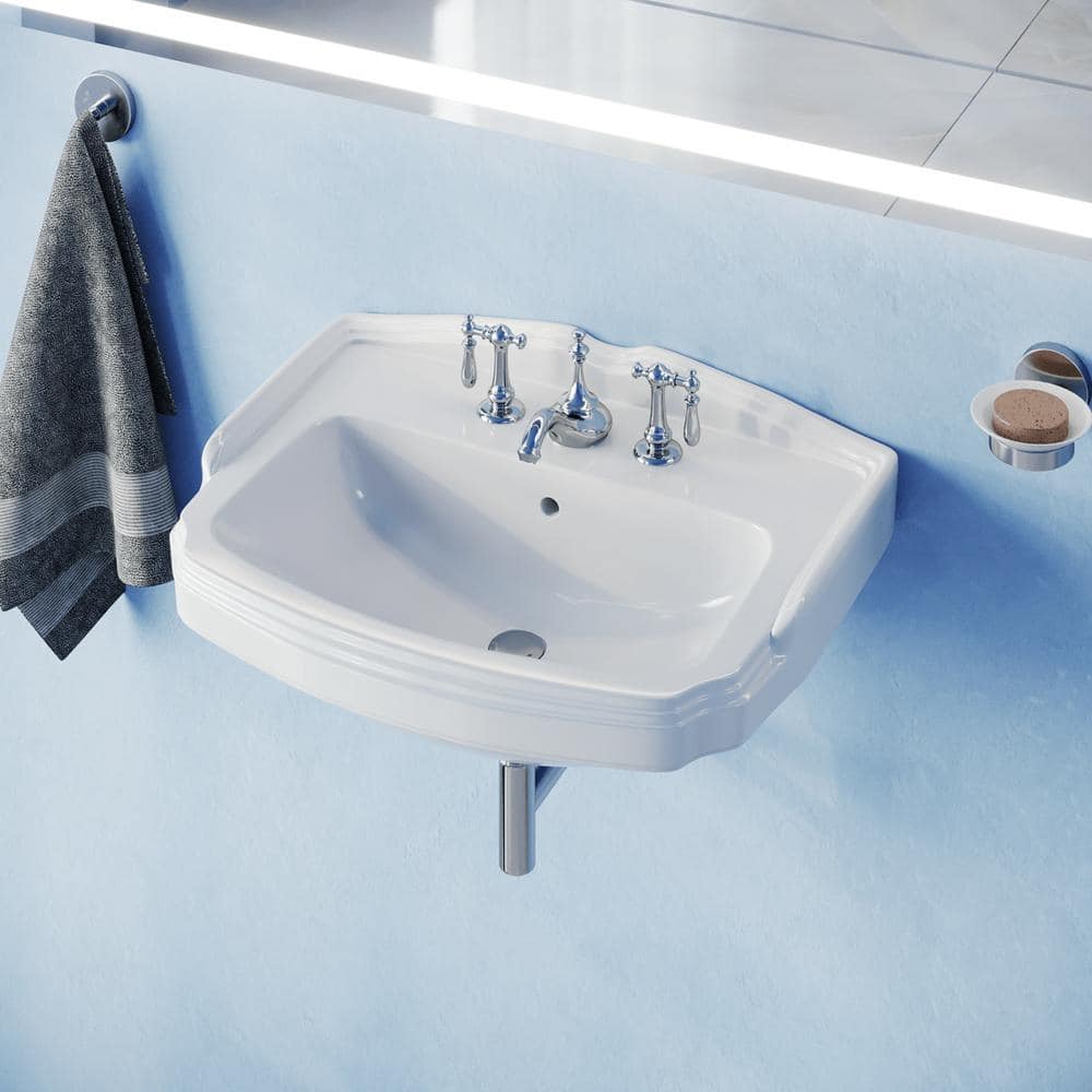 White Ceramic Wall-Mount Bathroom Sink with Overflow