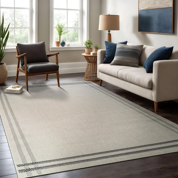 Haven 4 ft. x 6 ft. Bone Border Striped Washable Easy Jute Modern Indoor Outdoor Area Rug