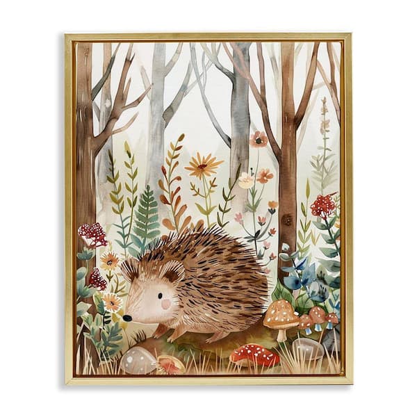 Soft Woodland Hedgehog by LSR Design Studio Gold Floater Frame Nature Graphic Art Print 31 in. x 25 in.