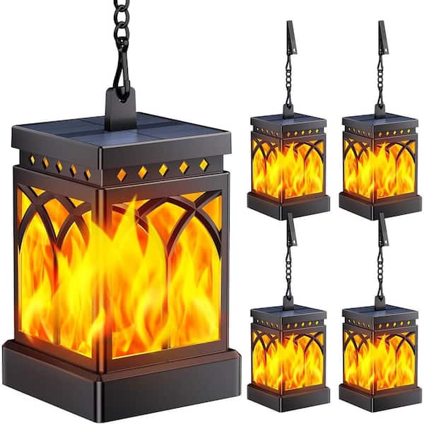 Black Metal Solar Lantern Outdoor Waterproof Flickering Flame Mode Hanging Lantern Light for Garden Yard 4-Pack