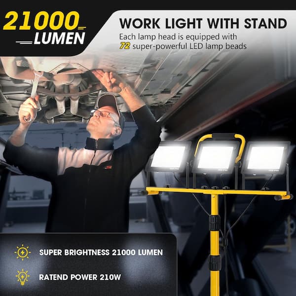 21000 Lumen 110V LED Work Light with Stand, 3-Head Portable Tripod and IP66 Waterproof 16FT Cord for Job Site Garage