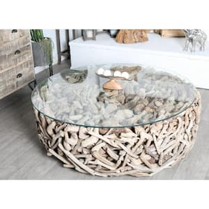 48 in. Brown Medium Round Driftwood Handmade Stacked Collage Coffee Table with Tempered Glass Top