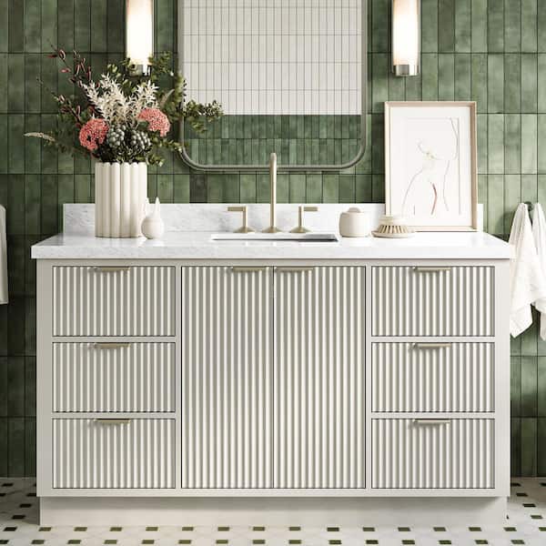 Milan 61 in. W x 21.5 in. D x 36 in. H Single Sink Bath Vanity in Warm White with Italian Carrara Marble Top