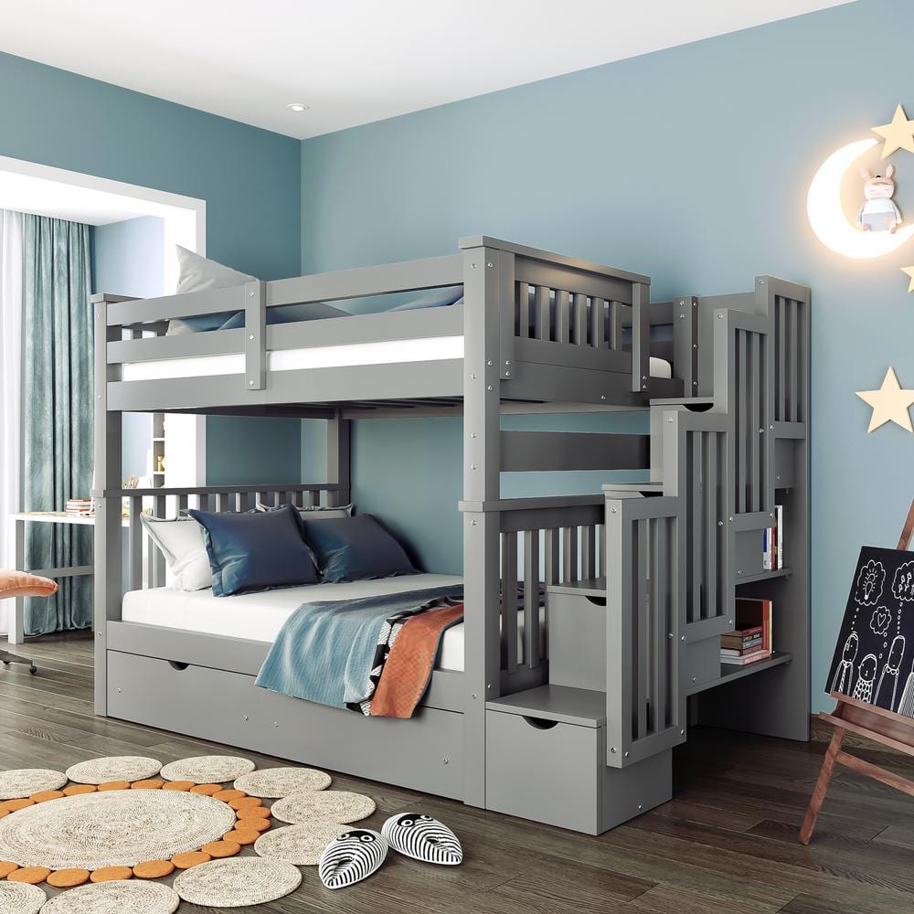 Polibi Full Over Full Bunk Bed With Shelves And 6 Storage Drawers, Gray ...