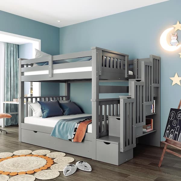 Polibi Full over Full Bunk Bed with Shelves and 6 Storage Drawers, Gray