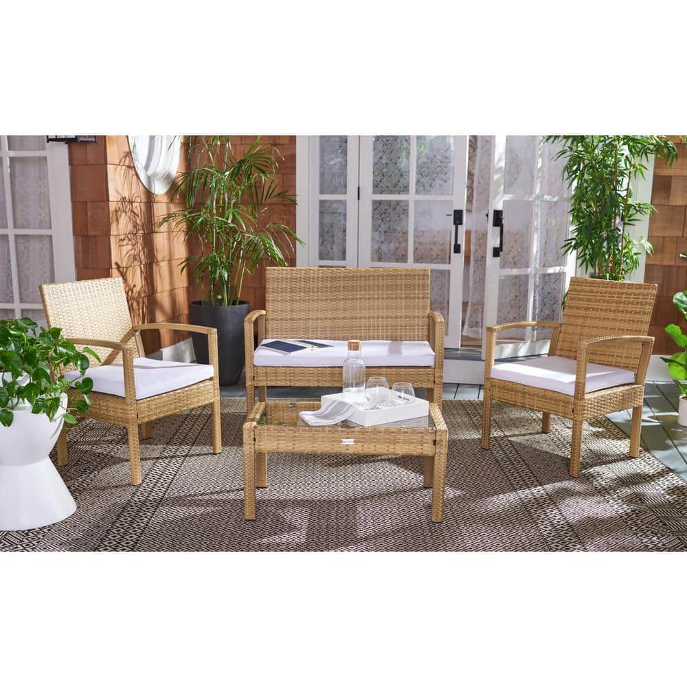 Bassey Natural Wicker 4-Piece Patio Set with White Cushions