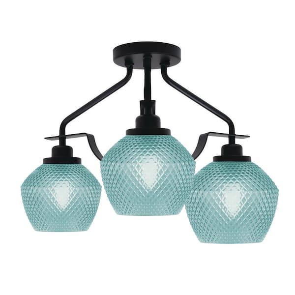 Monroe 16.75 in. 3- Light Matte Black Shaded Flush Mount with 6 in. Turquoise Textured Glass No Bulbs Included