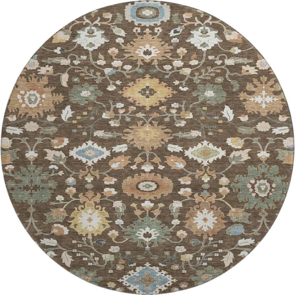 Mayfield Premium Machine Washable Abstract AMF2458 Chocolate 8 ft. x 8 ft. Round Rug