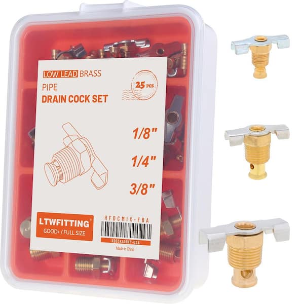 LTWFITTING Assortment Kit 1 in./8 in. 1 in./4 in. 3 in./8 in. NPT Male New Brass Drain Cock Set Air Admittance Valve (25-Pack)