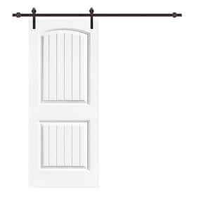 Elegant 36 in. x 80 in. White Primed Composite MDF 2 Panel Camber Top Sliding Barn Door with Hardware Kit