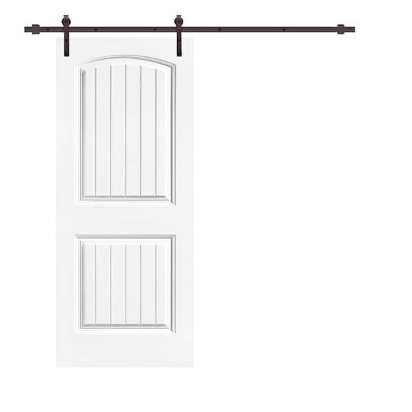 CALHOME Elegant 36 in. x 80 in. White Primed Composite MDF 2 Panel Camber Top Sliding Barn Door with Hardware Kit
