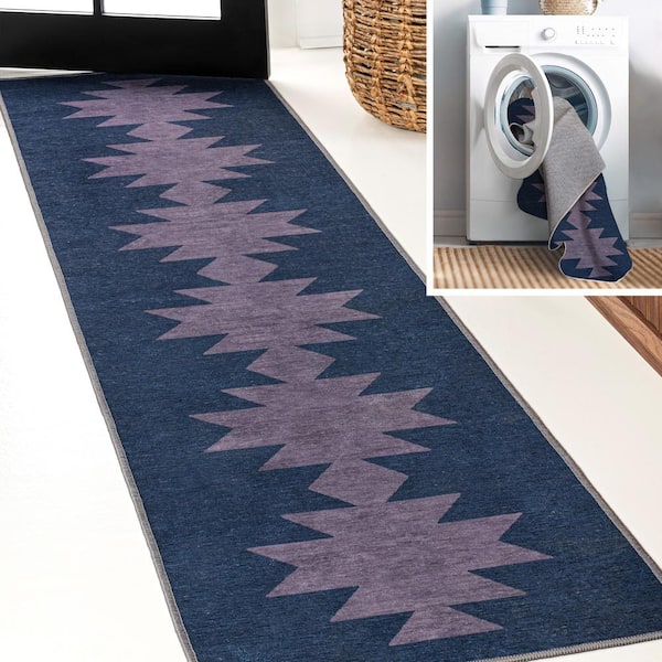 Chayton Minimalist Geometric Machine-Washable Navy/Purple 2 ft. x 8 ft. Runner Rug