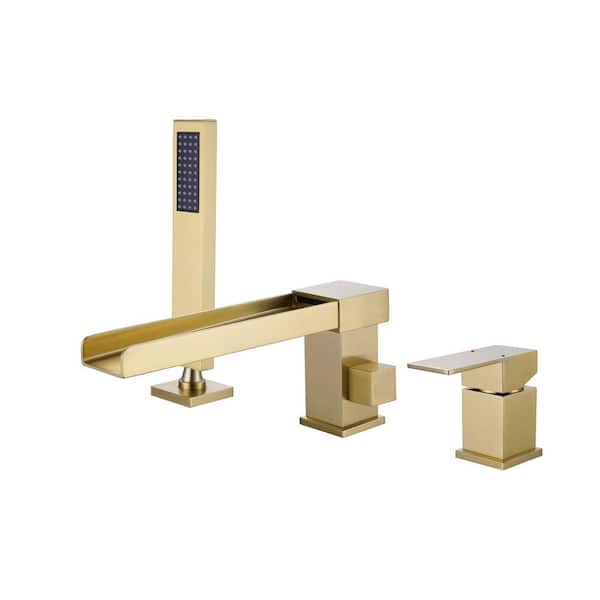 1-Handle Deck Mounted Roman Tub Faucet 3-Hole Waterfall Bathtub Filler Faucet with Hand Shower in Brushed Gold