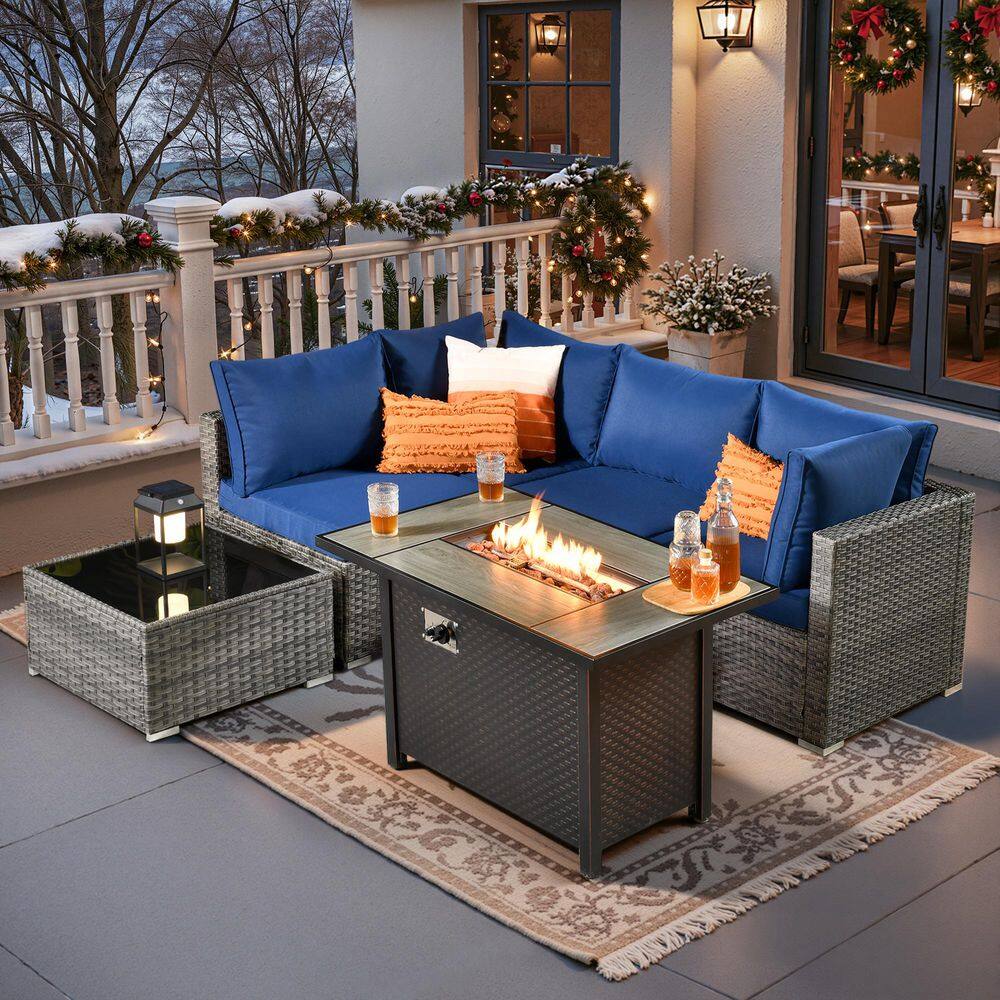 Daffodil J Gray 6-Piece Wicker Patio Outdoor Conversation Sofa Set with Gas Fire Pit and Navy Blu Cushions price history on PriceWatchPro