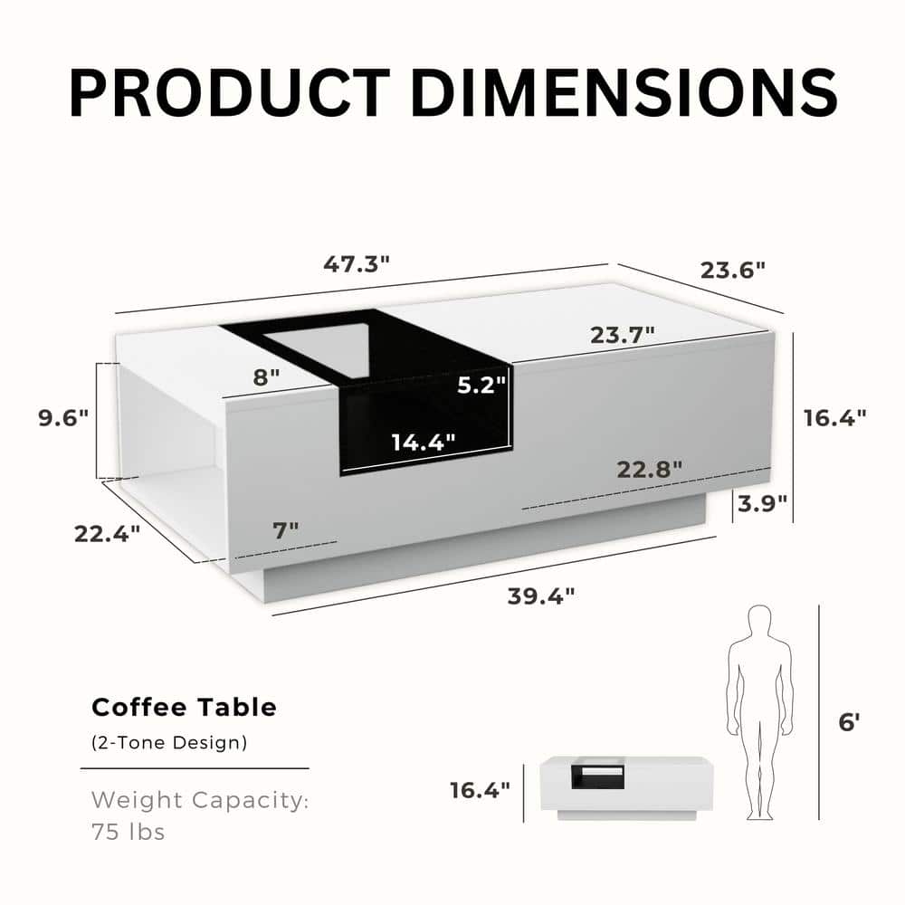 Murphey 47-inch White and Black Glass Top Coffee Table with Storage