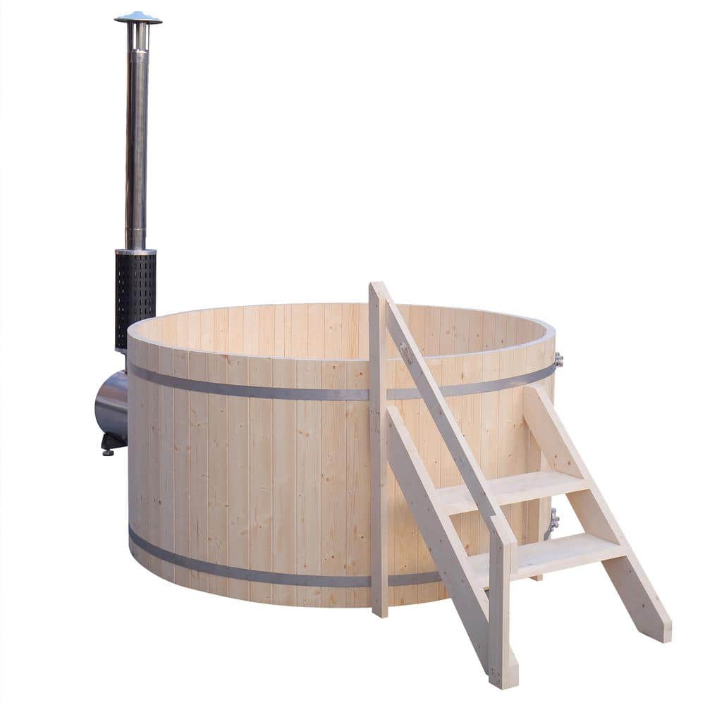 Round Pine Wood Fired Hot Tub and Ice Bath with Steps