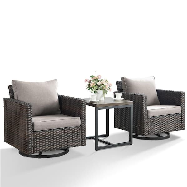 Carlos 3-Piece All-Weather Brown Wicker Patio Conversation Set with Swivel Chairs and Beige Cushions