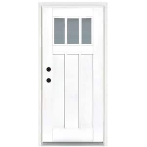 36 in. x 80 in. Smooth White Right-Hand Inswing 3-Lite Frosted Craftsman Finished Fiberglass Prehung Front Door