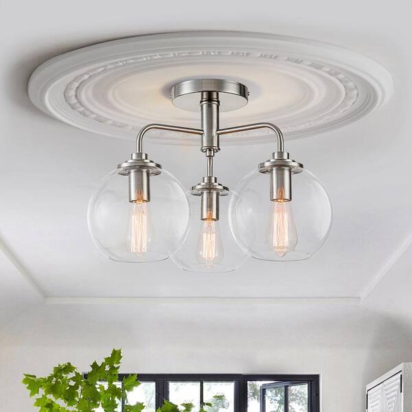 EDISLIVE Jacob 18.12 in. 3-Light Satin Nickel Semi Flush Mount Ceiling Light with Glass Shade
