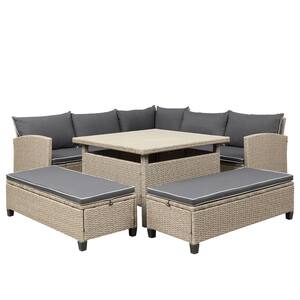 6-Piece Outdoor Patio Conversation Set PE Rattan Wicker Sofa Set with Table and Bench, Dining Table Set, Gray Cushion