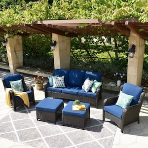 Erie Lake Brown 5-Piece Wicker Outdoor Patio Conversation Seating Sofa Set with Navy Blue Cushions
