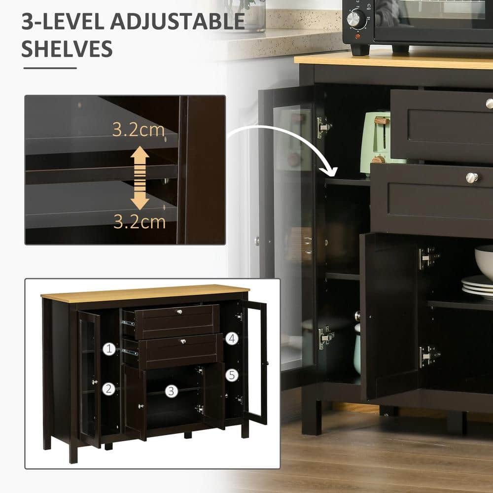 Modern 47" Dark Brown Buffet Cabinet with Glass Doors and Adjustable Shelving