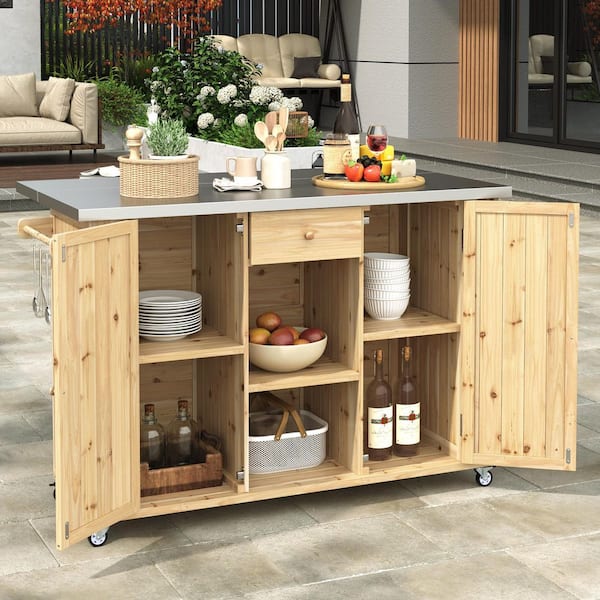 Outdoor Kitchen Island Fir Wood Kitchen Island with Stainless Steel Top, Towel and Spice Racks and a Bottle Opener
