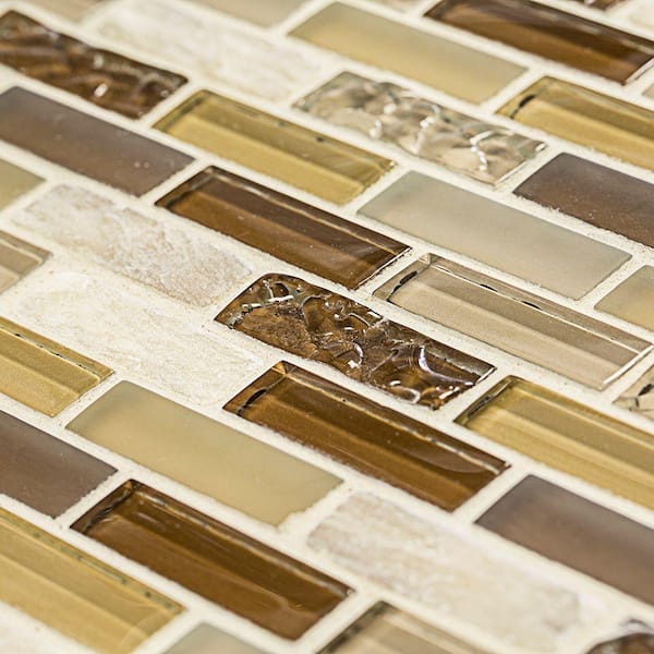 Jeffrey Court Sunwashed Mini Brick Brown 12 in. x 12 in. x 8 mm Interlocking Textured Glass Onyx Mosaic Tile