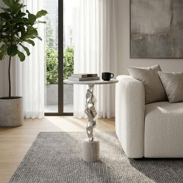 16 in. Silver Round Marble Top Modern End Table