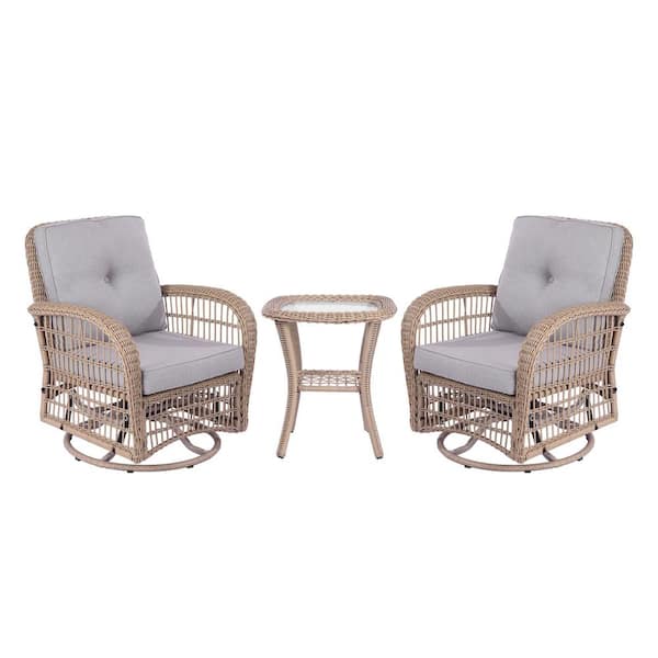 Zeus & Ruta Natural 3 Piece Wicker Patio Outdoor Bistro Sets with Grey Cushions 2 Rattan Swive Rocking Chair Glass Coffee Table