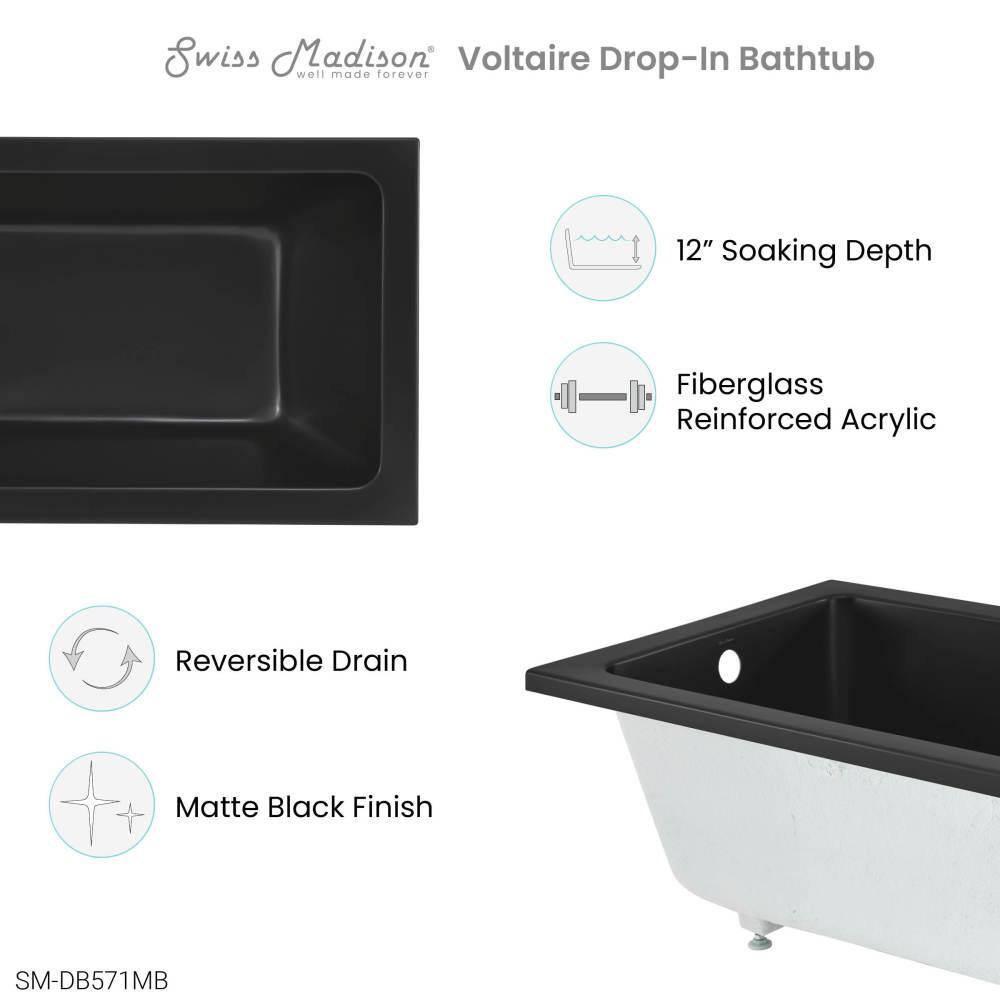 Matte Black Acrylic Drop-In Bathtub with Reversible Drain