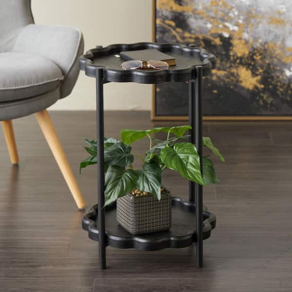 Litton Lane 15 in. Black Floral Inspired 2 Level Round Wood End Table with Metal Legs