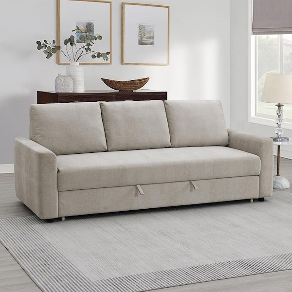 Acme Furniture Haran 42 in. Round Arm Fabric Rectangle Sofa with Sleeper in Beige Fabric