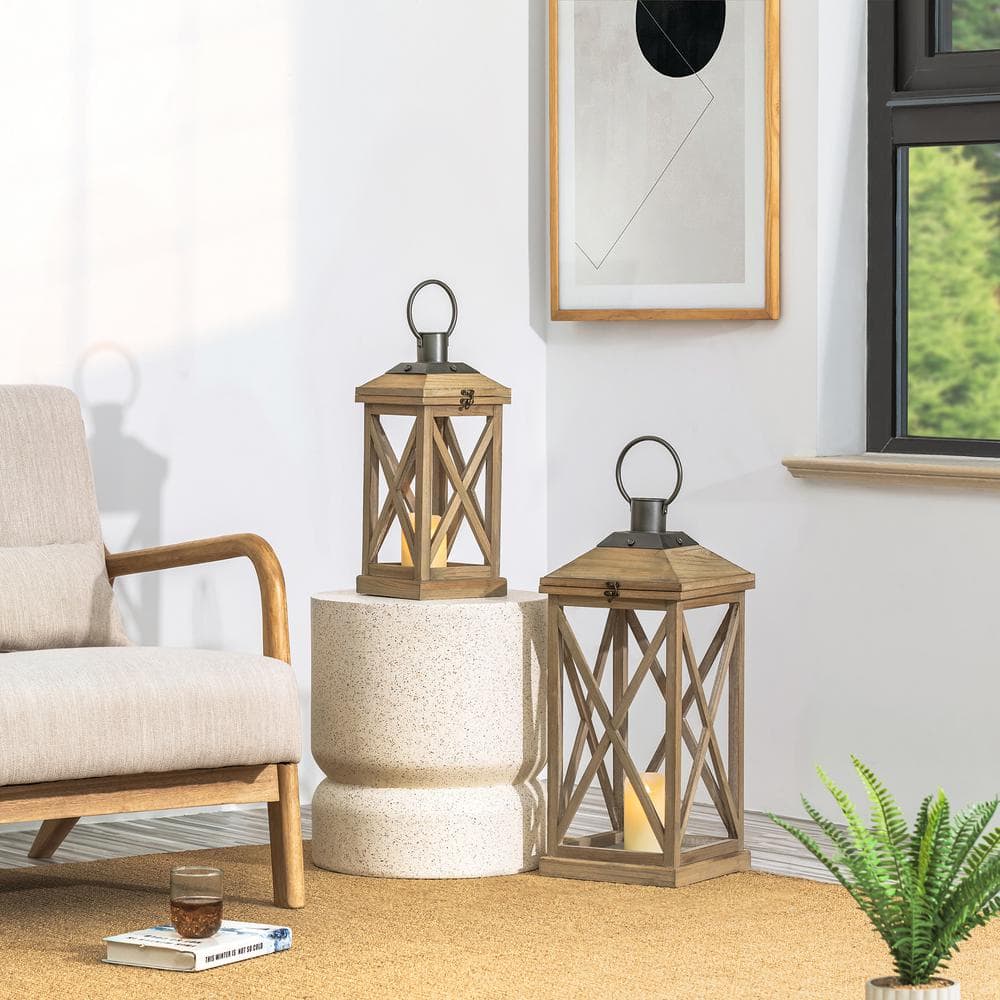 Rustic Firwood Dual-Candle Hanging Lantern, Distressed Brown
