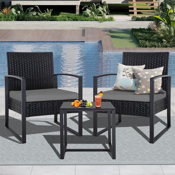 JUSKYS Cute 3-Piece Black Wicker Patio Conversation Set With Gray Cushions