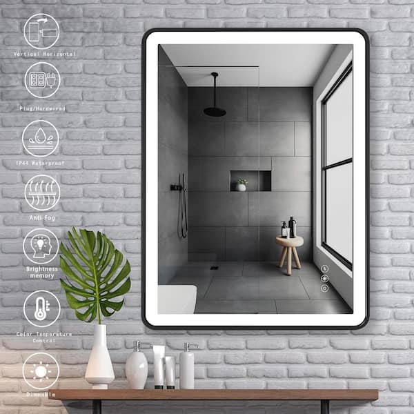 UPIKER 24 in. W x 32 in. H Large Rectangular Metal Framed Dimmable and Anti-Fog Wall Mount Bathroom Vanity Mirror in Black
