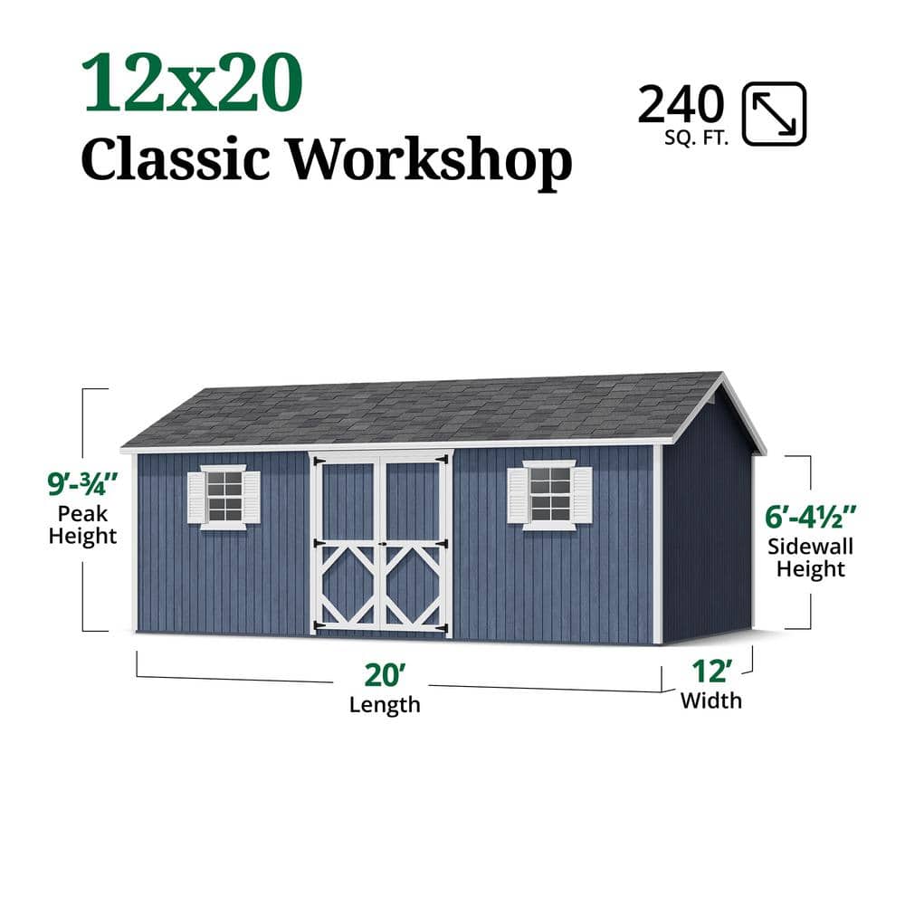 Classic Blue and White 12' x 20' Wood Workshop Shed Kit