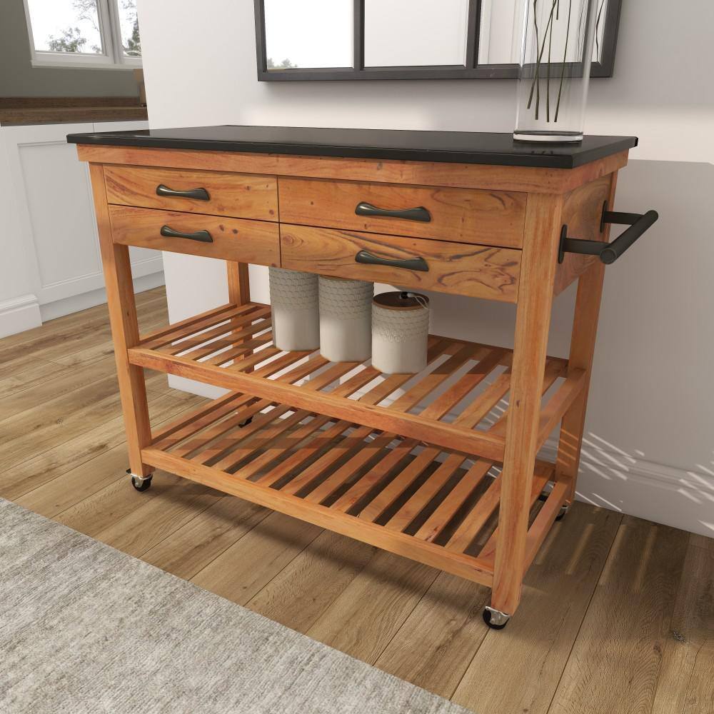 Brown Wood Kitchen Cart with Marble Top and Storage