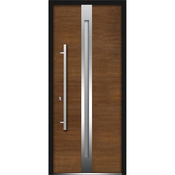 VDOMDOORS 36 in. x 80 in. Right-Hand/Inswing 1 Lite Frosted Glass Brown Finished Steel Prehung Front Door with Handle