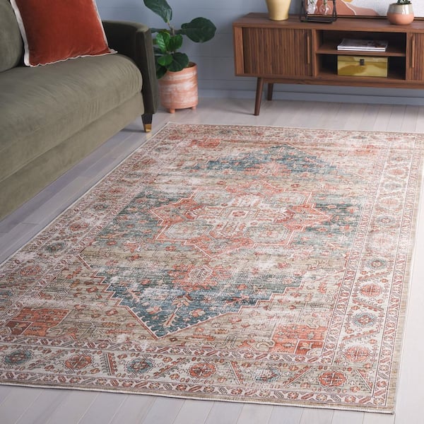 Arizona 8 ft. x 10 ft. Sage/Rust Machine Washable Distressed Aztec Medallion Area Rug