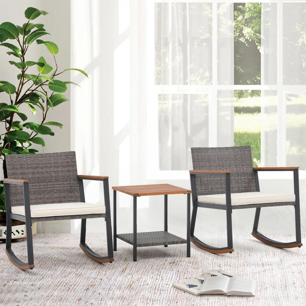 3-Piece Grey Wicker Outdoor Rocking Chair Bistro Conversation Set with Beig