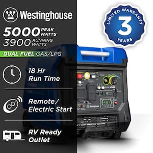 5,000-Watt Dual Fuel Gas and Propane Powered Portable Inverter Generator with Remote Electric Start, LED Data Center
