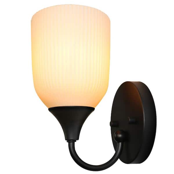 PUDO 5 in. 1-Light Black LED Bathroom Vanity Light with Vertical Groove Glass Lampshade